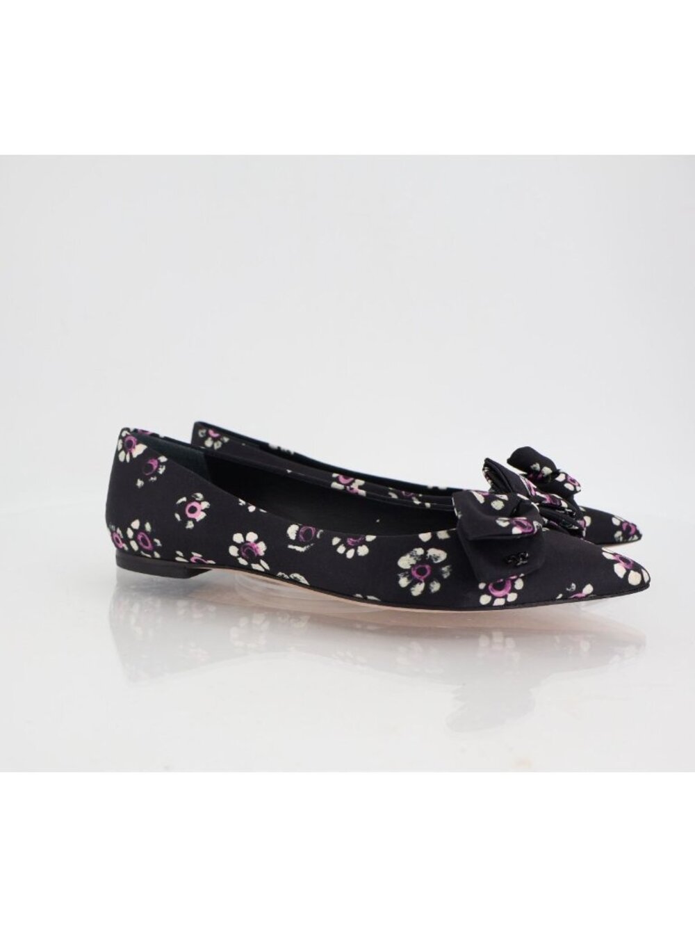 Tory Burch Rosalind Ballet Flats Women's Size 5 Black Floral Satin Bow Pointed - Picture 2 of 8